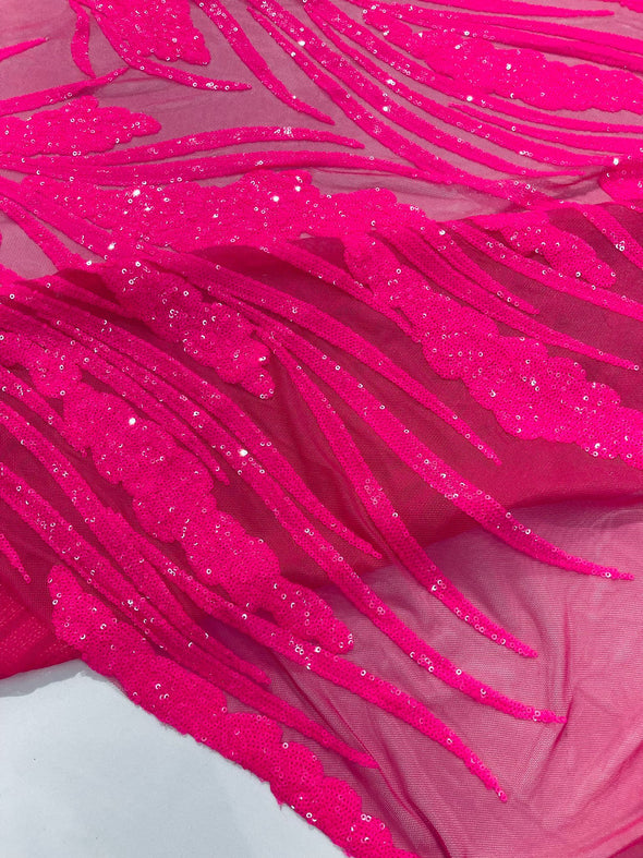 Hot Pink Feather damask shiny sequin design on a 4 way stretch mesh Fabric-prom-Sold by the yard