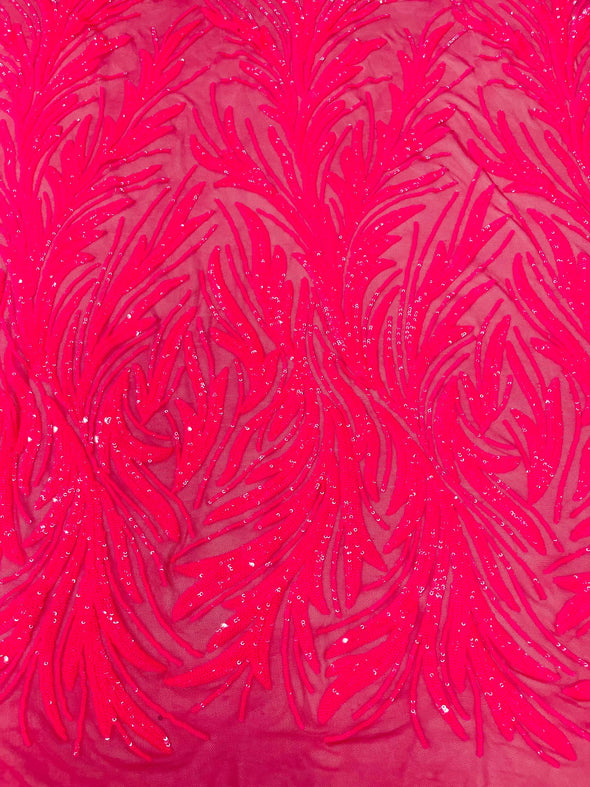 Hot Pink Feather damask shiny sequin design on a 4 way stretch mesh Fabric-prom-Sold by the yard