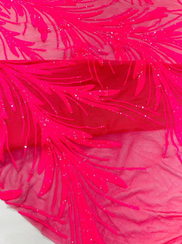 Hot Pink Feather damask shiny sequin design on a 4 way stretch mesh Fabric-prom-Sold by the yard