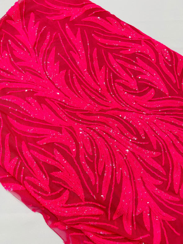 Hot Pink Feather damask shiny sequin design on a 4 way stretch mesh Fabric-prom-Sold by the yard