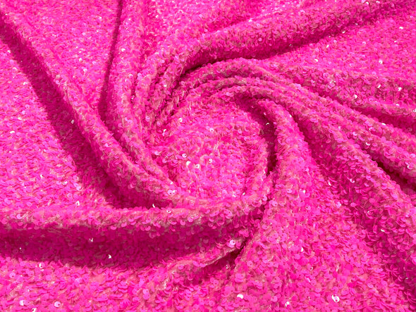 Hot Pink 54" Stretch Velvet with Luxury Sequins All Over 5mm Shining Sequins 2-Way Stretch. Sold by the yard.