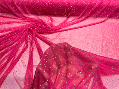 Hot Pink Sheer All Over AB Rhinestones On Stretch Power Mesh Fabric, Sold by The Yard