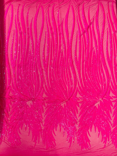 Hot Pink Iridescent Sequin Wings design on a Pink 4 way stretch mesh fabric- prom-nightgown-By the yard