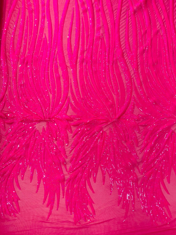 Hot Pink Iridescent Sequin Wings design on a Pink 4 way stretch mesh fabric- prom-nightgown-By the yard