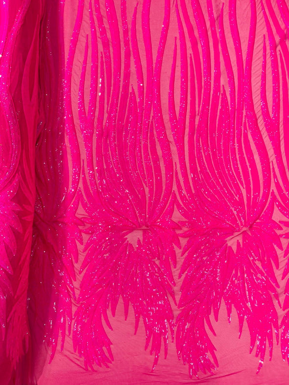 Hot Pink Iridescent Sequin Wings design on a Pink 4 way stretch mesh fabric- prom-nightgown-By the yard