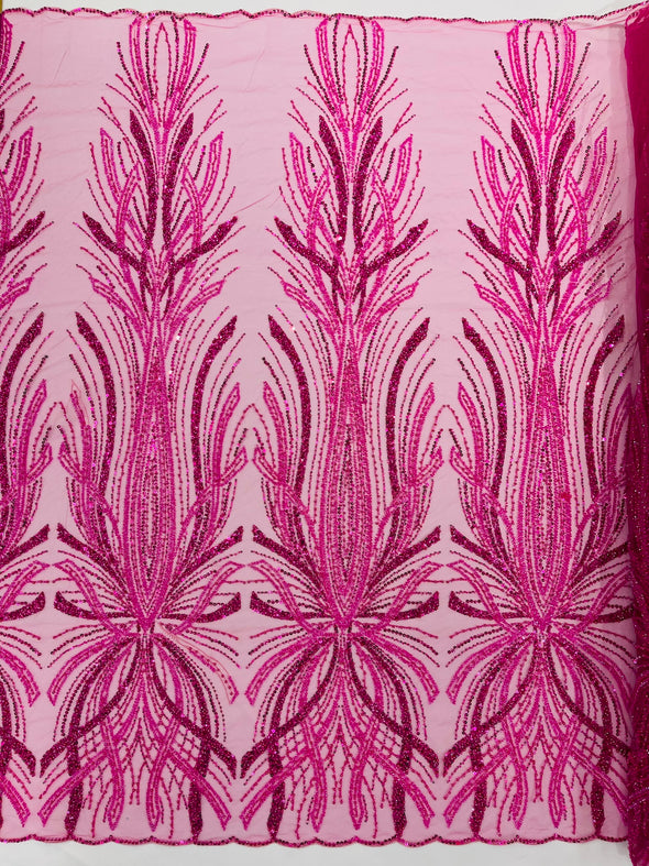 Palm Beaded Damask Design Fabric, Sold by The Yard.