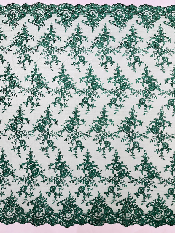 Hunter Green Bloom corded lace and embroider with sequins on a mesh -Sold by the yard