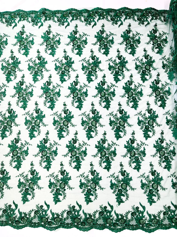 Hunter Green French design embroider and beaded on a mesh lace. Wedding/Bridal/Prom/Nightgown fabric