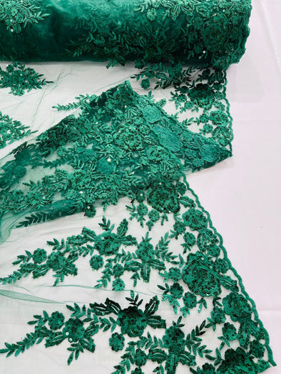 Hunter Green Floral design embroider and beaded on a mesh lace fabric-Wedding/Bridal/Prom/Nightgown fabric.