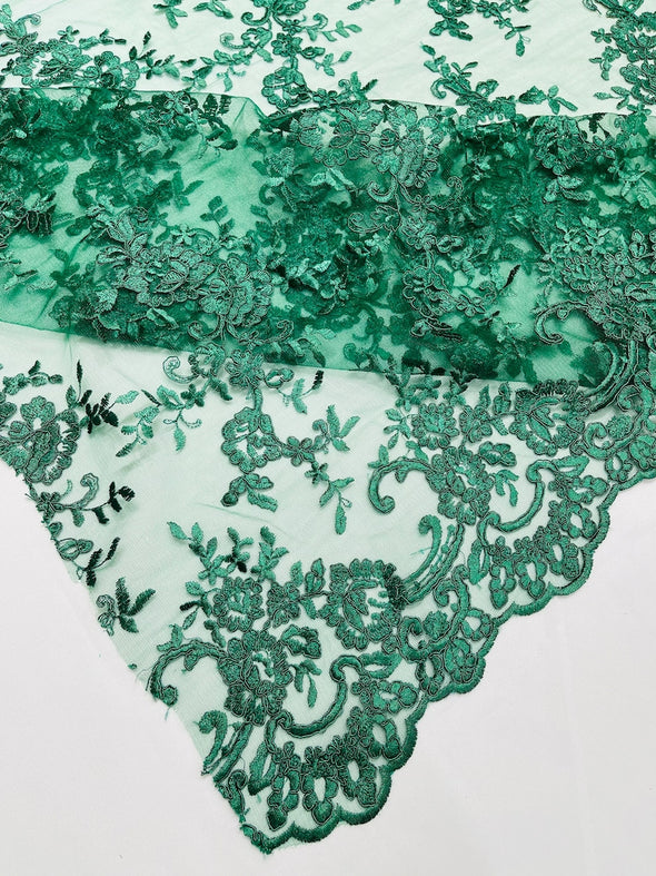 Hunter Green Bloom corded lace and embroider with sequins on a mesh -Sold by the yard