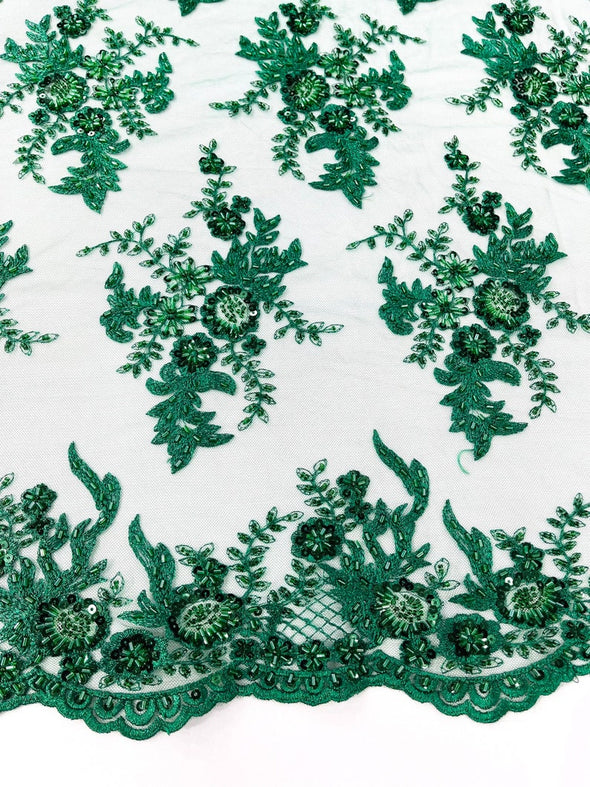 Hunter Green French design embroider and beaded on a mesh lace. Wedding/Bridal/Prom/Nightgown fabric