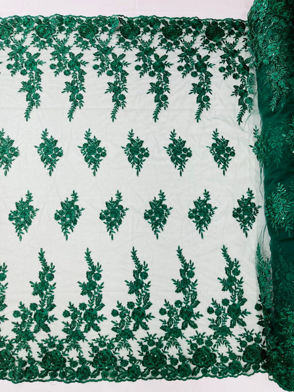 Hunter Green Floral design embroider and beaded on a mesh lace fabric-Wedding/Bridal/Prom/Nightgown fabric.