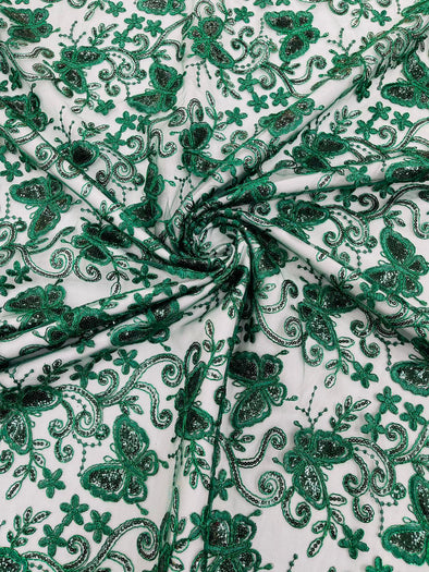 Hunter Green Metallic Corded Lace/ Butterfly Design Embroidered With Sequin on a Mesh Lace Fabric