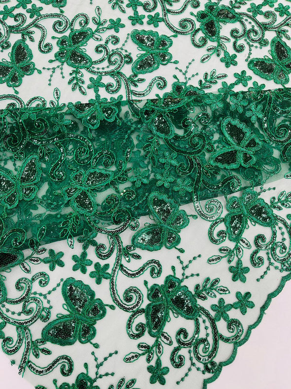 Hunter Green Metallic Corded Lace/ Butterfly Design Embroidered With Sequin on a Mesh Lace Fabric