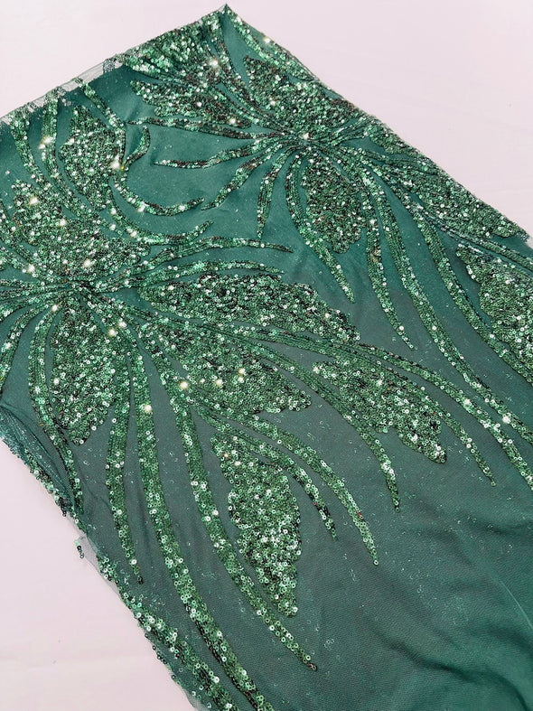 Hunter Green Feather damask shiny sequin design on a 4 way stretch mesh Fabric-prom-Sold by the yard