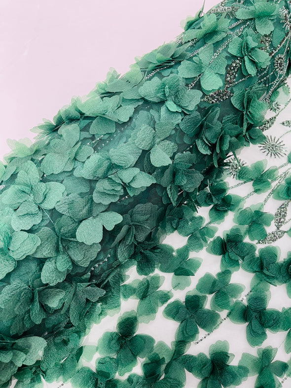 Hunter Green Luxury 3D Floral/Butterfly Beaded Lace, Sold by The Yard.