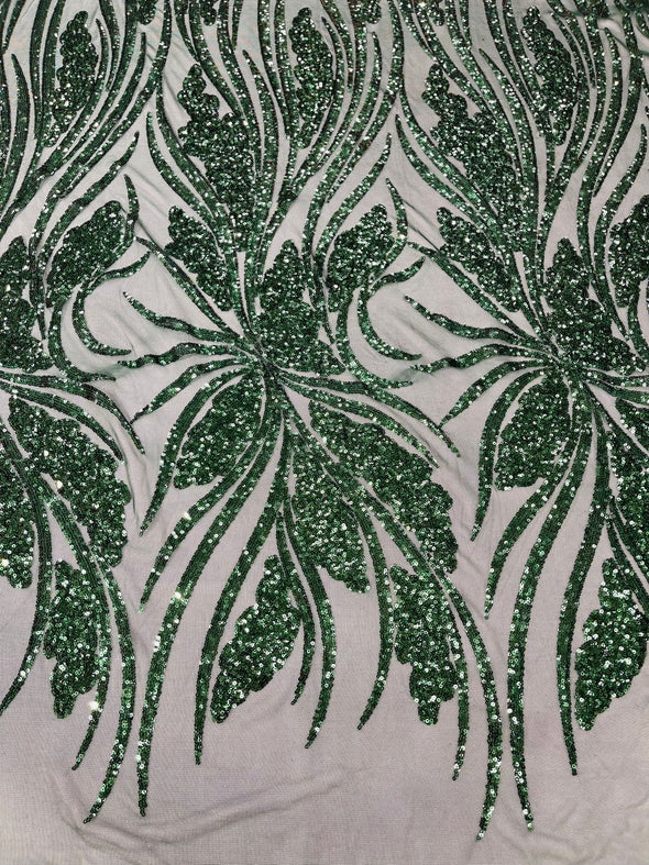 Hunter Green Feather damask shiny sequin design on a 4 way stretch mesh Fabric-prom-Sold by the yard