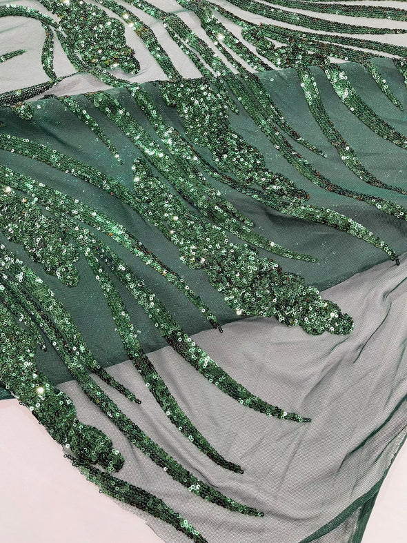 Hunter Green Feather damask shiny sequin design on a 4 way stretch mesh Fabric-prom-Sold by the yard