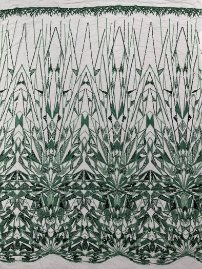 Hunter Green Geometric Beaded Design On A Mesh Lace Fabric (By The Yard)