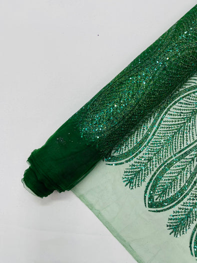 Hunter Green Glitter Feather Damask Design On A Mesh Lace Fabric/Prom.