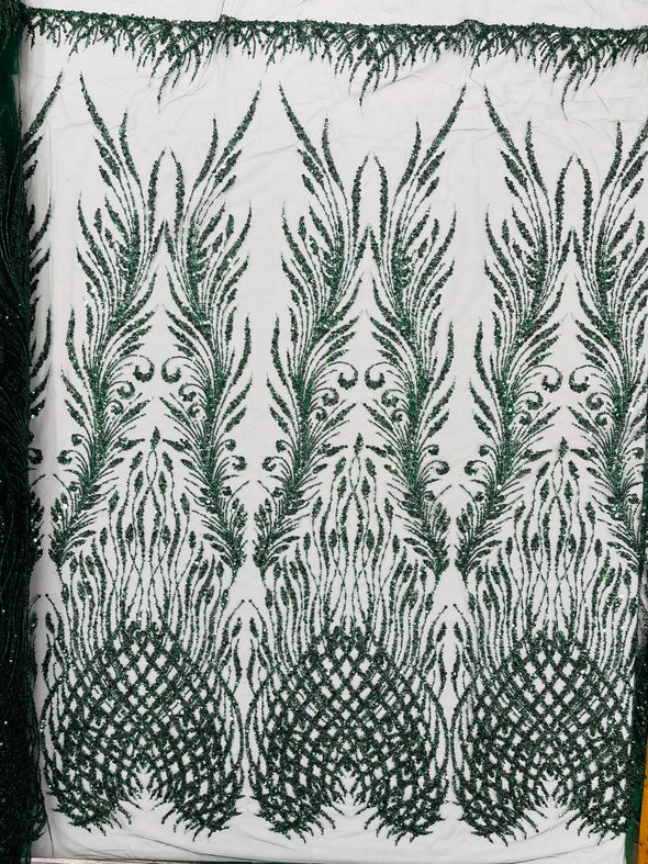 Hunter Green Feathers damask embroider and heavy beaded on a mesh lace fabric- Sold by the yard