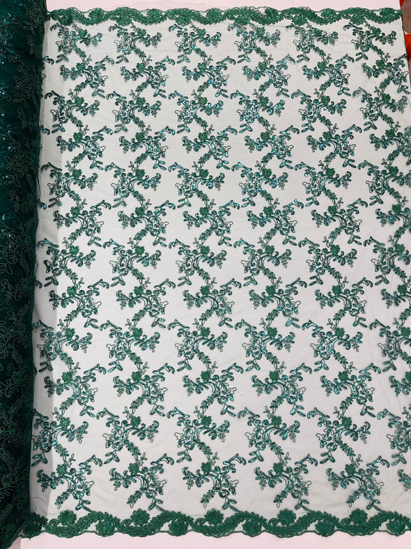 Hunter Green Flower lace corded and embroider with sequins on a mesh- Sold by the yard