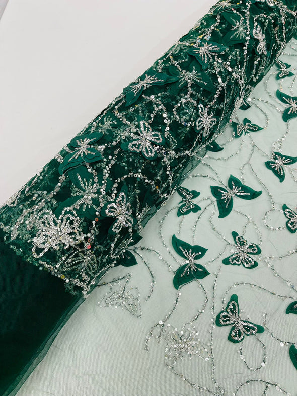 Hunter Green 3D Butterfly Design Embroider and Beaded on a Mesh Lace-Prom-Sold by yard.