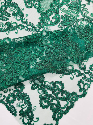 Hunter Green Embroidery Damask Design With Sequins On A Mesh Lace Fabric/Prom/Wedding