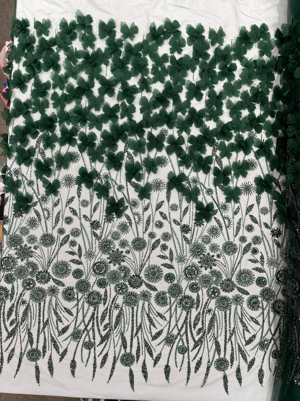 Hunter Green Luxury 3D Floral/Butterfly Beaded Lace, Sold by The Yard.