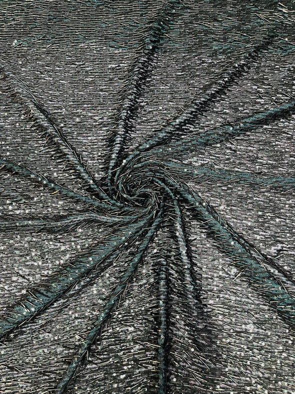 Hunter Green Vegas Beaded Sequin Stretch Mesh Fabric, Embroidered Design for Prom Gown, by The Yard