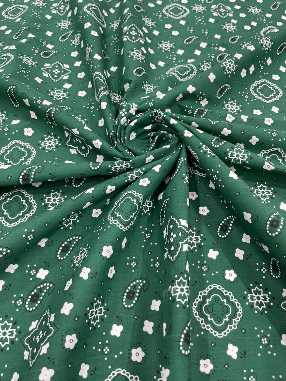 Hunter Green 58/59" Wide 65% Polyester 35 Percent Poly Cotton Bandanna Print Fabric, Good for Face Mask Covers, Sold By The Yard
