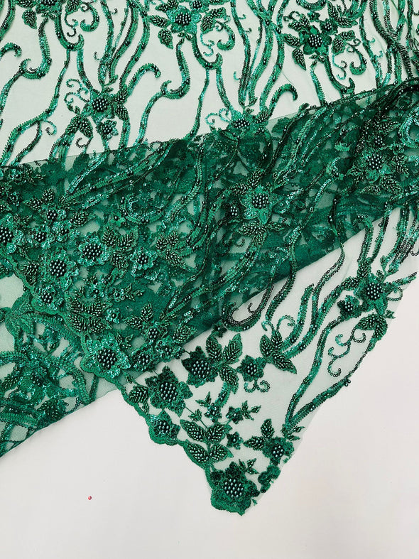 Hunter Green Vine Floral Beaded Lace Sequin Embroider lace Sold By The Yard.