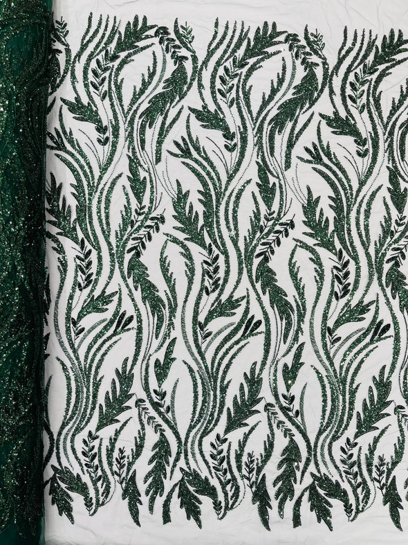 Hunter Green Luxury Festival Beaded Vine Lace Fabric, Sold by The Yard.