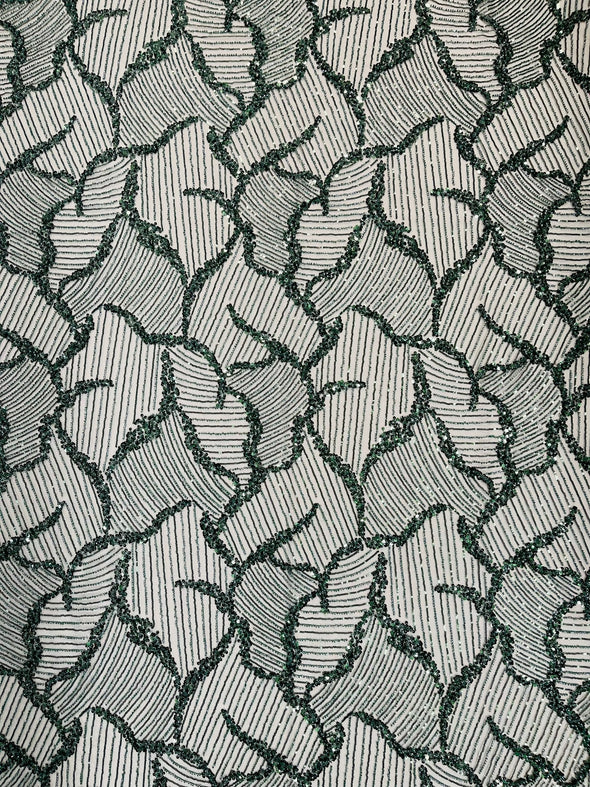 Hunter Green Leaf Embroider and Heavy Beaded on a Mesh Lace Fabric-Wedding-Prom-Sold by the yard