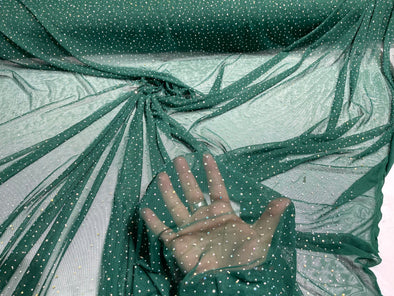 Hunter Green Sheer All Over AB Rhinestones On Stretch Power Mesh Fabric, Sold by The Yard