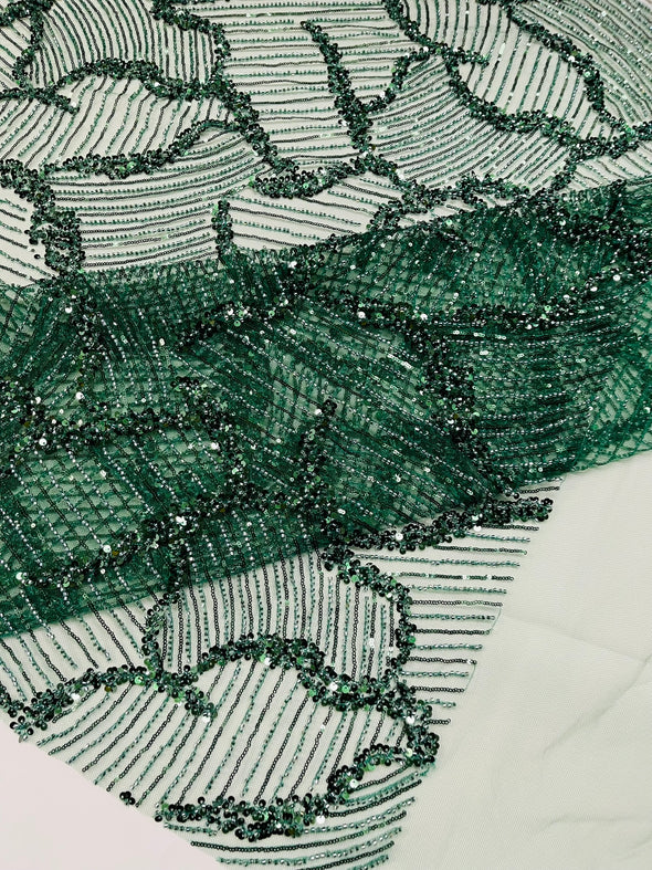 Hunter Green Leaf Embroider and Heavy Beaded on a Mesh Lace Fabric-Wedding-Prom-Sold by the yard