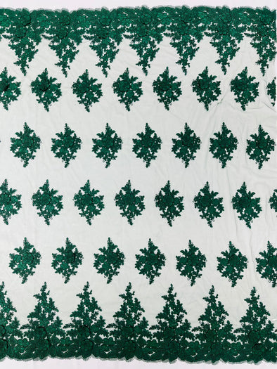 Hunter Green Corded Lace 3D Floral Embroider, Sold by the yard.