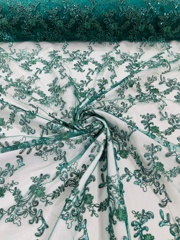 Hunter Green Flower lace corded and embroider with sequins on a mesh- Sold by the yard