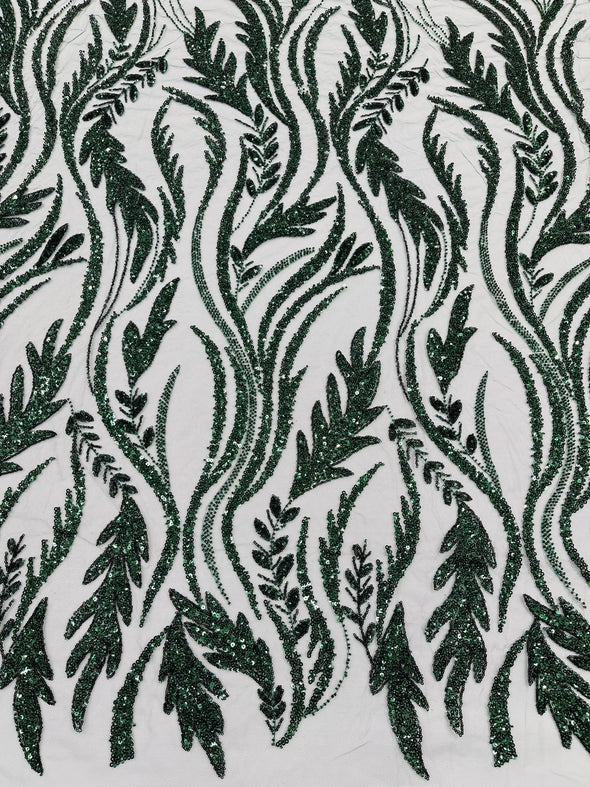 Hunter Green Luxury Festival Beaded Vine Lace Fabric, Sold by The Yard.