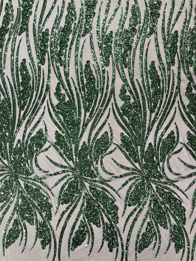 Hunter Green Feather damask shiny sequin design on a 4 way stretch mesh Fabric-prom-Sold by the yard