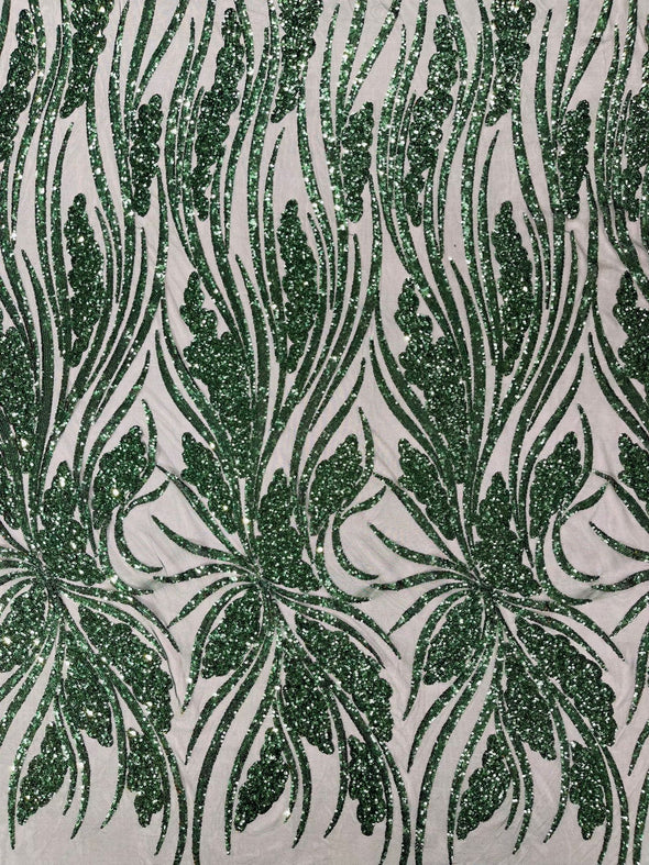 Hunter Green Feather damask shiny sequin design on a 4 way stretch mesh Fabric-prom-Sold by the yard