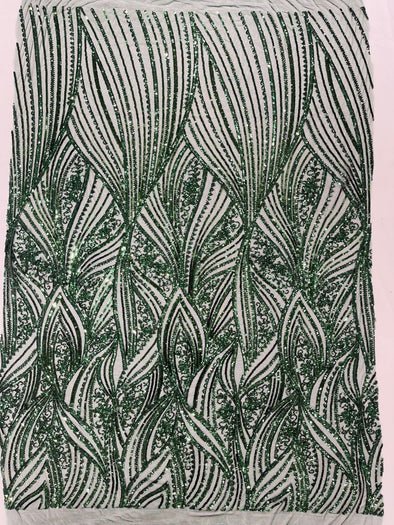 Hunter Green Shiny Geometric Feather wing shiny sequin design on a 4 way stretch mesh Fabric-prom-sold by the yard.