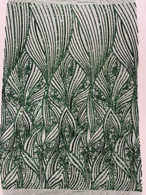 Hunter Green Shiny Geometric Feather wing shiny sequin design on a 4 way stretch mesh Fabric-prom-sold by the yard.