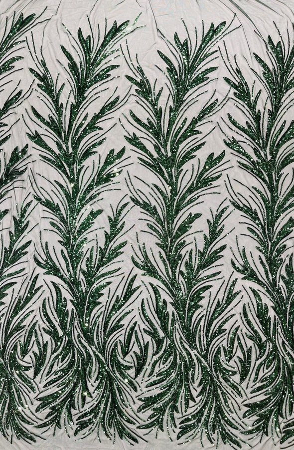 Hunter Green Feather damask shiny sequin design on a 4 way stretch mesh Fabric-prom-Sold by the yard