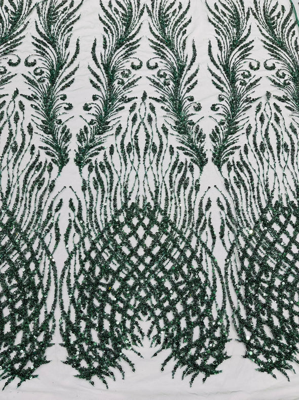 Hunter Green Feathers damask embroider and heavy beaded on a mesh lace fabric- Sold by the yard