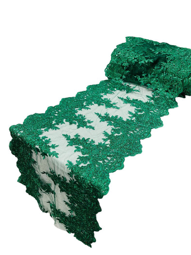 Hunter Green 14"Wide Sequins Metallic Embroidered Lace on Mesh Fabric, Trim Lace, Table Runner. Sold By The Yard.