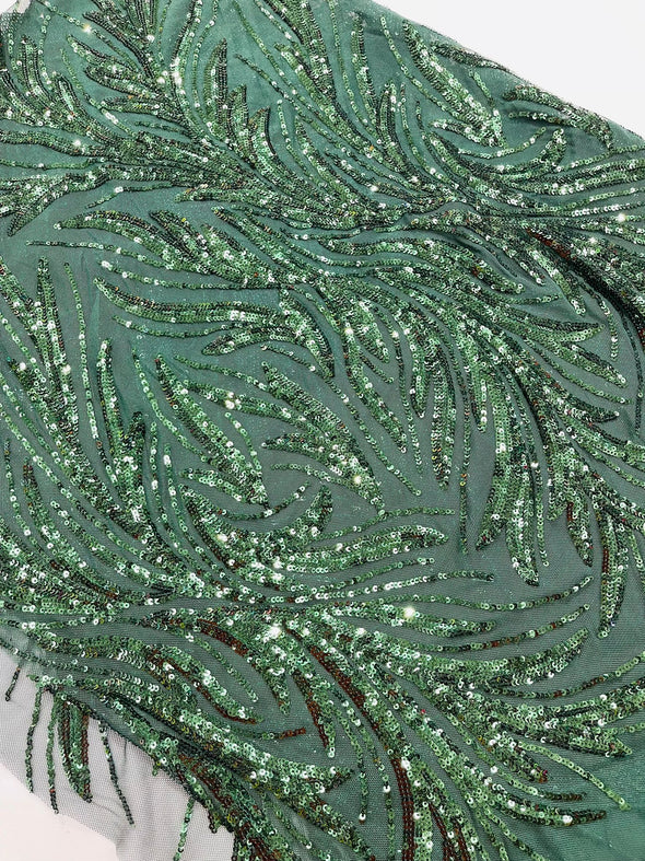 Hunter Green Feather damask shiny sequin design on a 4 way stretch mesh Fabric-prom-Sold by the yard