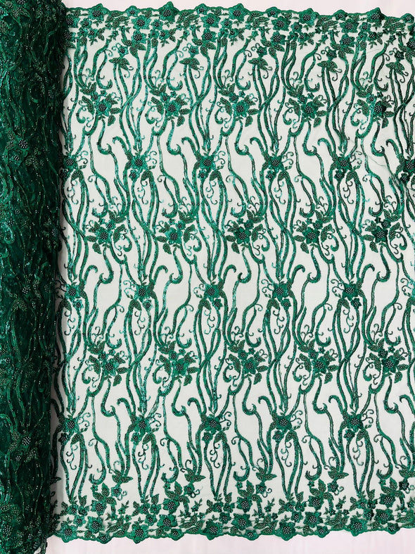 Hunter Green Vine Floral Beaded Lace Sequin Embroider lace Sold By The Yard.