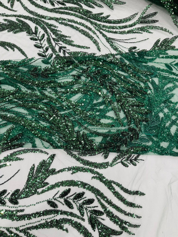 Hunter Green Luxury Festival Beaded Vine Lace Fabric, Sold by The Yard.