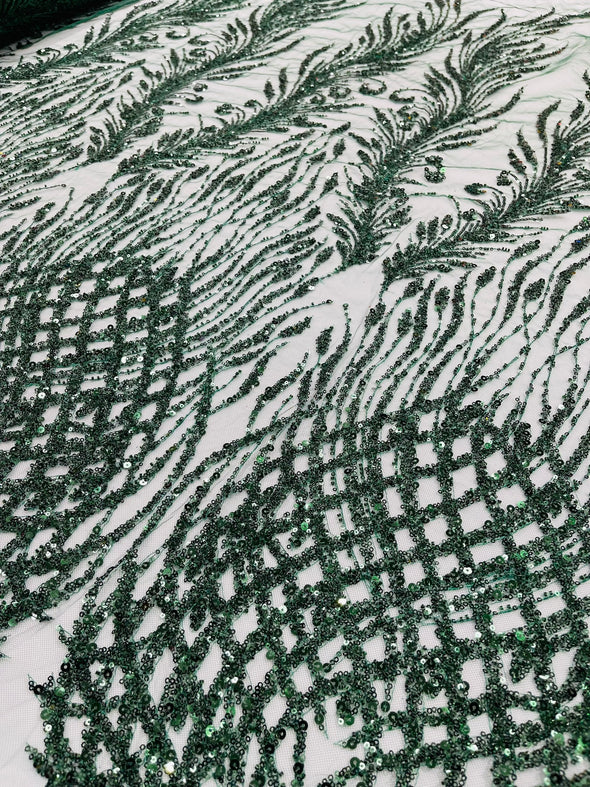 Hunter Green Feathers damask embroider and heavy beaded on a mesh lace fabric- Sold by the yard